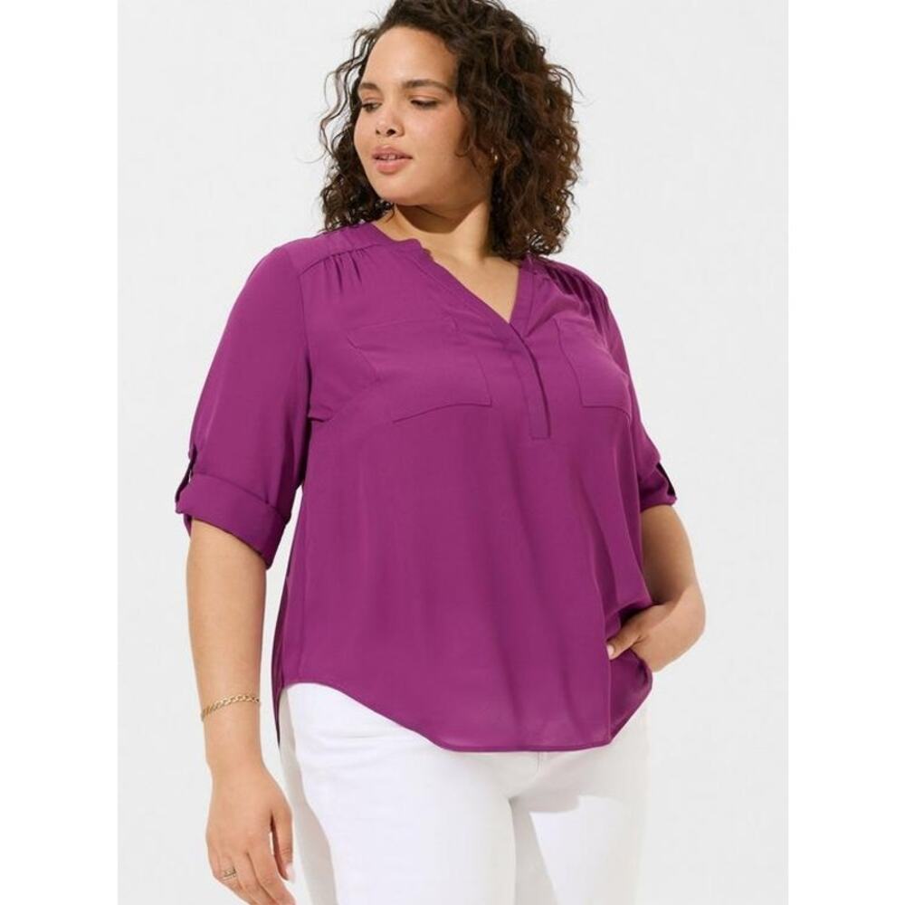 Torrid Harper Georgette Blouse Size 2 (2X) Purple 3/4 Roll Tab Sleeve Career Top